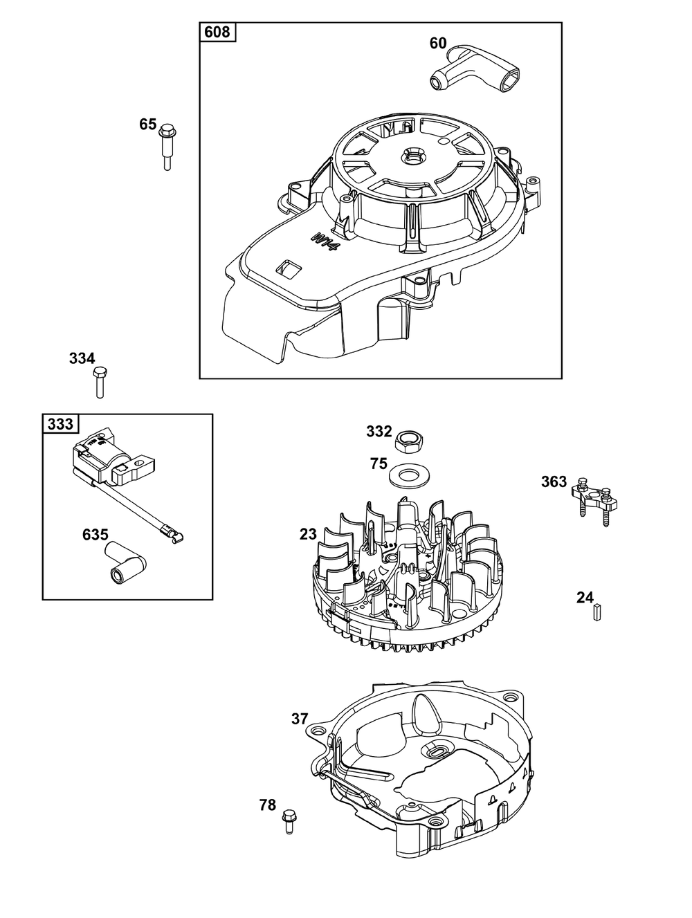 Flywheel, Ignition, And Starter Group Diagram and Parts List for 125P42-0031-H5  Briggs and Stratton Engine
